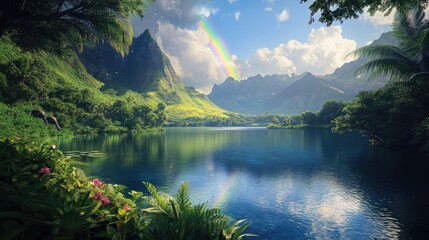 Poster - A peaceful tropical lake surrounded by vibrant greenery, with a rainbow illuminating the majestic mountains in the distance.