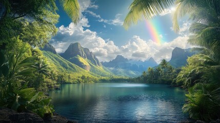 Poster - A peaceful tropical lake surrounded by vibrant greenery, with a rainbow illuminating the majestic mountains in the distance.