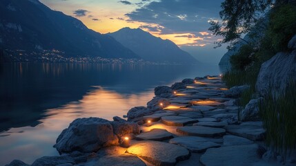 Poster - A quiet lakeside stone path at twilight, glowing lights guide the way as the mountains cast a serene reflection in the water.