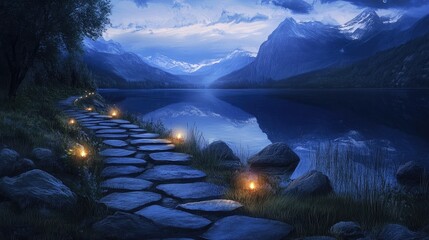 Poster - A quiet lakeside stone path at twilight, glowing lights guide the way as the mountains cast a serene reflection in the water.
