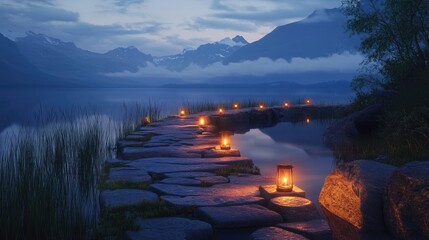 Poster - A quiet lakeside stone path at twilight, glowing lights guide the way as the mountains cast a serene reflection in the water.