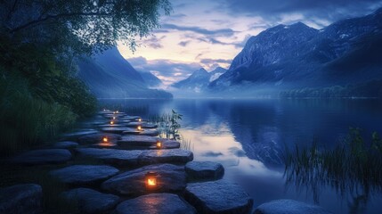 Poster - A quiet lakeside stone path at twilight, glowing lights guide the way as the mountains cast a serene reflection in the water.