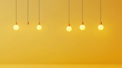 Poster - A row of minimalistic warm light bulbs hanging elegantly against a soft yellow background, creating a cozy, inviting ambiance.