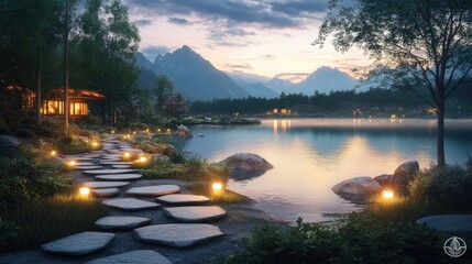 Poster - A serene stone path winding through a lakeside landscape at dusk, glowing lights and distant mountain peaks create a peaceful retreat.