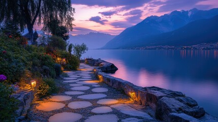 Poster - A serene stone path winding through a lakeside landscape at dusk, glowing lights and distant mountain peaks create a peaceful retreat.