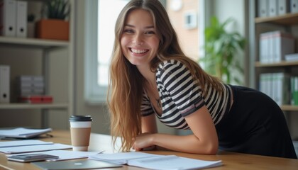 Wall Mural - A smiling young woman leans over a desk filled with papers, exuding confidence and warmth in a bright office setting. Her casual yet stylish outfit and the coffee cup beside her create a relaxed