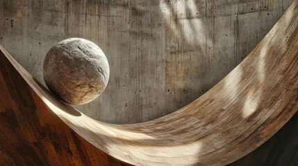 Aufkleber - A stone sphere perched on a curved wooden structure, with intense lighting and shadows creating a dramatic and artistic composition.