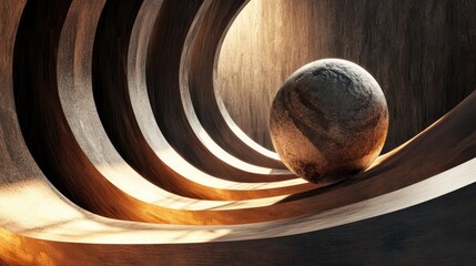Aufkleber - A stone sphere perched on a curved wooden structure, with intense lighting and shadows creating a dramatic and artistic composition.