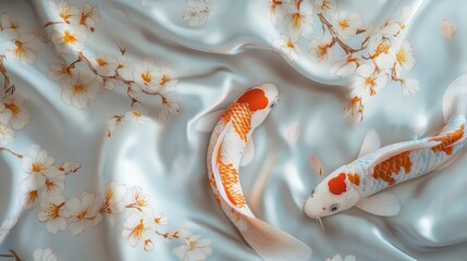 Poster - A stunning scene of koi fish and delicate cherry blossoms, displayed on a luxurious silk fabric, combining elegance and natural beauty.