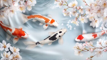 Poster - A stunning scene of koi fish and delicate cherry blossoms, displayed on a luxurious silk fabric, combining elegance and natural beauty.