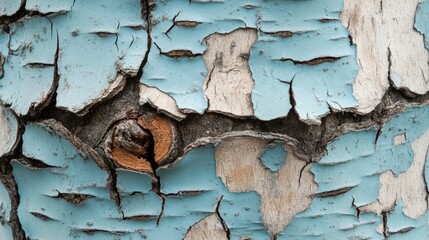 Poster - A textured close-up of cracked bark with weathered blue paint, showcasing the beauty of age and decay in a natural environment.