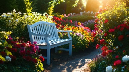 Poster - A tranquil garden with a white bench surrounded by vibrant flowers, basking in warm sunlight, evoking a calm, serene atmosphere.