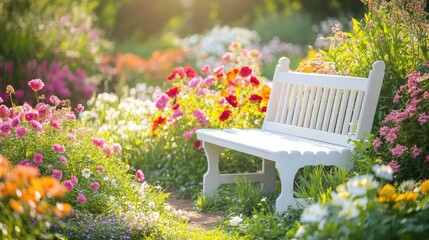 Poster - A tranquil garden with a white bench surrounded by vibrant flowers, basking in warm sunlight, evoking a calm, serene atmosphere.