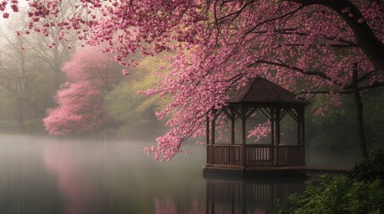 Poster - A tranquil lakeside gazebo surrounded by vibrant pink blossoms, shrouded in mist, evoking a serene spring atmosphere.