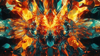 Poster - Vibrant Abstract Art with Fiery Oranges and Cool Blues, Showcasing Shimmering Crystal-Like Textures in a Dynamic Symmetrical Composition