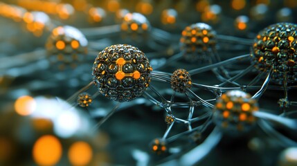 Poster - Advanced nanotechnology network with spherical molecular structures, showcasing a detailed and futuristic design at a molecular level.