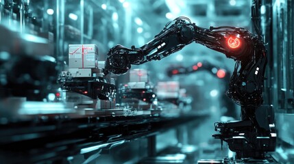 Aufkleber - Advanced robotic arm sorting packages in an automated warehouse, reflecting innovation and precision in logistics and supply chain management.