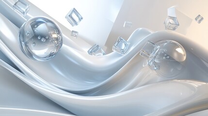 Poster - An abstract creamy wave flowing with floating spheres and cubes, creating a surreal, modern design that captures the essence of fluid motion and form.