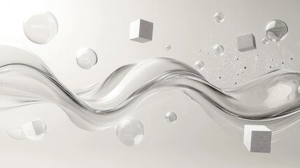 Poster - An abstract creamy wave flowing with floating spheres and cubes, creating a surreal, modern design that captures the essence of fluid motion and form.