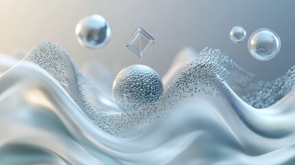 Poster - An abstract creamy wave flowing with floating spheres and cubes, creating a surreal, modern design that captures the essence of fluid motion and form.
