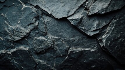 Poster - Close-up of a dark slate stone wall texture, perfect for modern architectural design, showcasing its rugged and sleek surface.