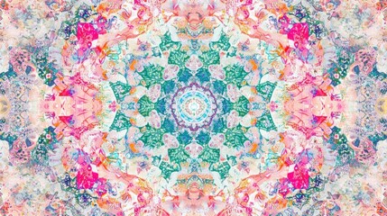 Poster - Intricate Kaleidoscopic Pattern Featuring Vibrant Colors and Ethereal Floral and Nature Elements, Perfect for Artistic and Descriptive Backgrounds