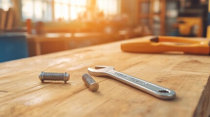 Workshop tools on wooden workbench.  Bolts, wrench, and sunlight.