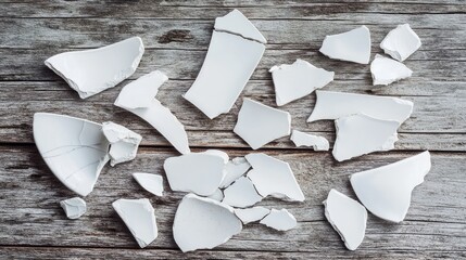 Poster - Fragments of broken white ceramic on a rustic wooden surface, evoking the concept of shattered art and minimalistic style.