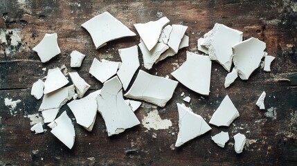 Poster - Fragments of broken white ceramic on a rustic wooden surface, evoking the concept of shattered art and minimalistic style.