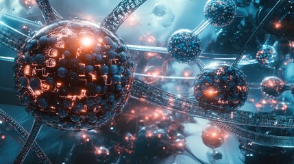 Poster - Futuristic view of a nanotechnology network with spherical molecular structures, interconnected in a sleek, high-tech design.