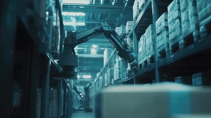Poster - High-tech robotic arms efficiently handling packages in a sleek, modern automated warehouse, illustrating the future of industrial automation.
