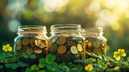Aufkleber - Jars of gold coins surrounded by lucky clovers, symbolizing good fortune, prosperity, and the wealth of nature in a harmonious composition.