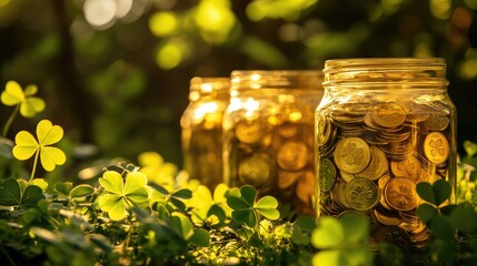 Aufkleber - Jars of gold coins surrounded by lucky clovers, symbolizing good fortune, prosperity, and the wealth of nature in a harmonious composition.