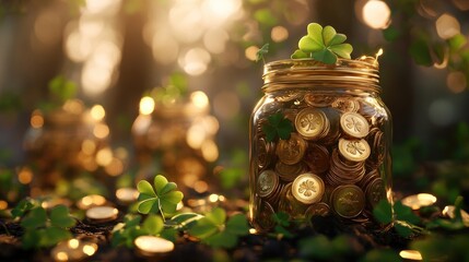 Aufkleber - Jars of gold coins surrounded by lucky clovers, symbolizing good fortune, prosperity, and the wealth of nature in a harmonious composition.