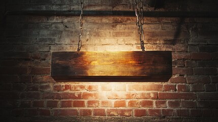 Poster - Rustic charm of a wooden light fixture suspended by an industrial chain, casting soft light against a brick wall.
