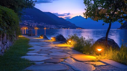 Poster - Serene stone path by the lake at dusk, glowing lights illuminating the way, with majestic mountain views providing a perfect peaceful setting.