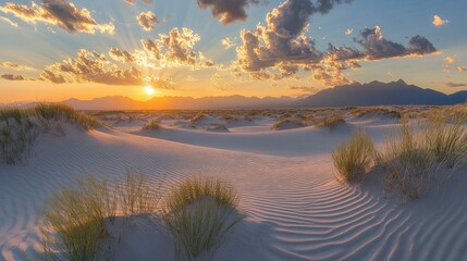 Aufkleber - Soft, golden sunset light illuminating the tranquil sand dunes, with delicate ripple patterns etched in the sand.