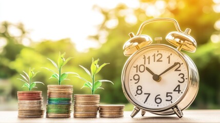 Aufkleber - Stacked coins beside an alarm clock, highlighting the passage of time and financial growth, perfect for illustrating the importance of saving.