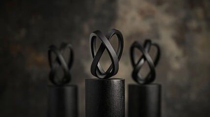 Poster - stylish black infinity rings displayed on a stand, with a dark, moody background accentuating their 