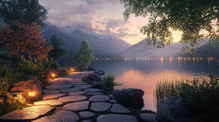 Poster - The tranquil beauty of a lakeside stone path at dusk, illuminated by warm lights with breathtaking mountain views in the background.