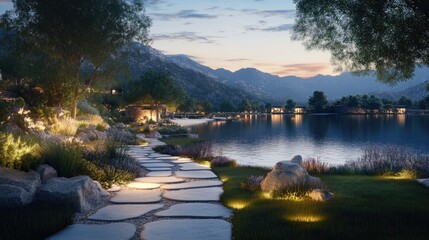 Poster - The tranquil beauty of a lakeside stone path at dusk, illuminated by warm lights with breathtaking mountain views in the background.