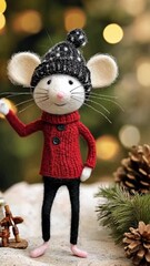 Wall Mural - Felted toy mouse in a red sweater dancing near the Christmas tree