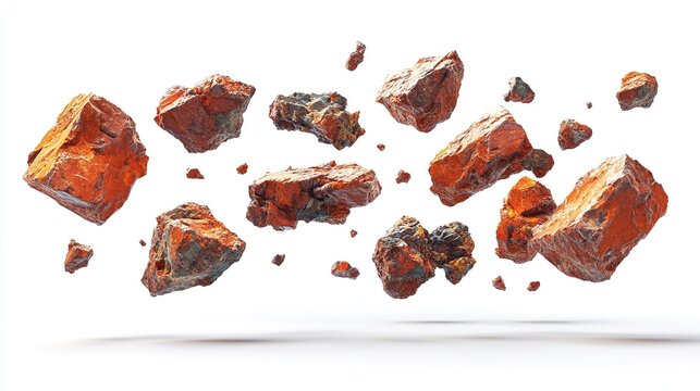 Floating orange rocks isolated on white background.