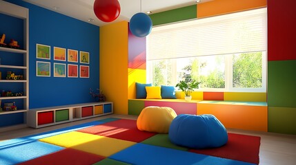 Playful Colorful Kids Room Design with Bright Walls, Beanbag Chairs, and Toy Storage