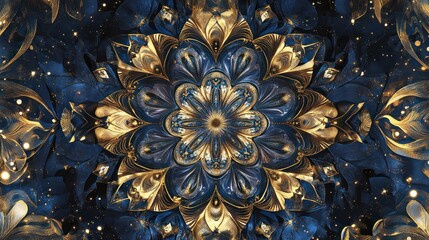 Poster - Intricate Blue and Gold Floral Mandala Design with Radiant Textures and Patterns, Perfect for Backgrounds and Artistic Projects