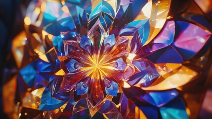 Poster - Vivid geometric crystal patterns radiating with vibrant colors, creating a mesmerizing and intricate floral design, perfect for artistic and decorative visuals.