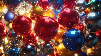 Poster - Vibrant Abstract Composition of Colorful Metallic Spheres and Bubbles in Intricate Arrangement with Soft Glowing Light and Blurred Background