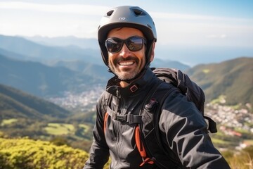 Wall Mural - Portrait of a smiling mountain biker with helmet and sunglasses on top of a mountain