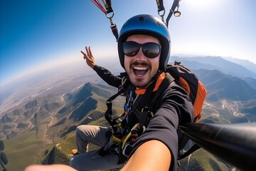 Wall Mural - Skydiving in the mountains. Men in parashute.