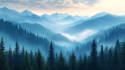 Naklejka na meble Misty mountain range, pine forest, sunrise, scenic view, nature, outdoor, tranquil, inspiring, wallpaper